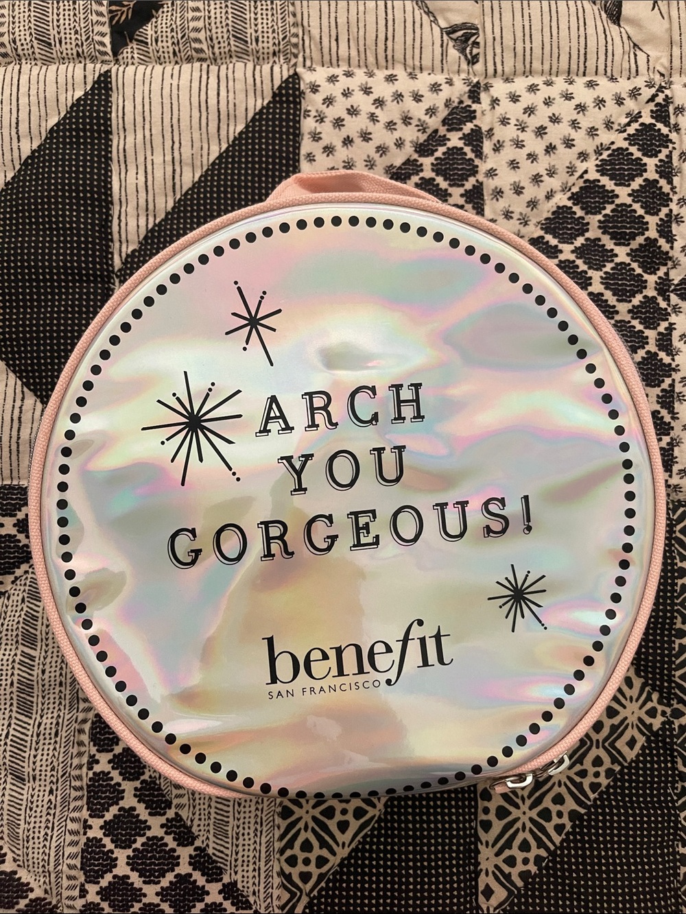 NWOT Benefit Iridescent Round Makeup Pouch with Pink Trim